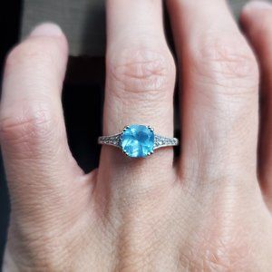 Size 6.75 Sterling Silver Dull Blue Topaz With Clear Accents Ring